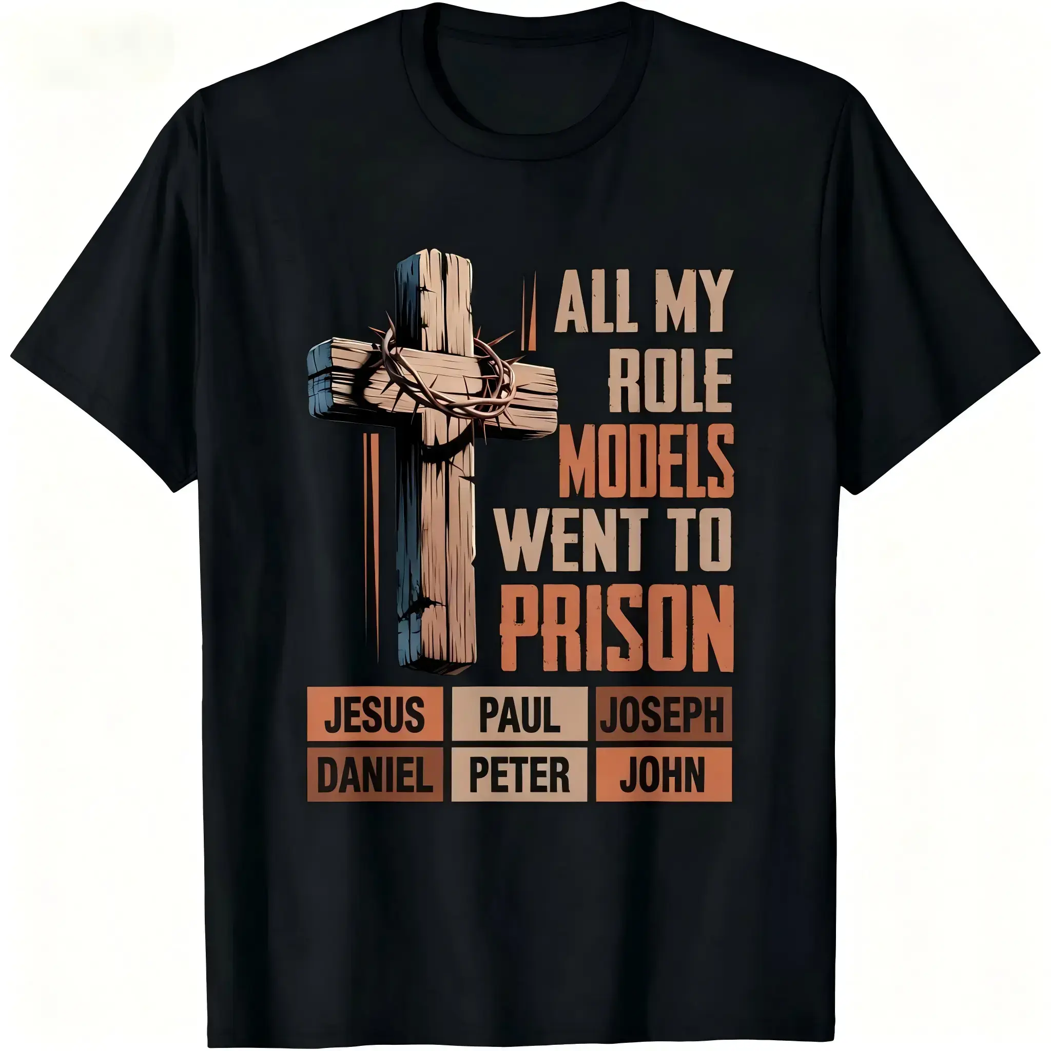 "All My Role Models Went To Prison" Bible Characters Cross Graphic T-Shirt for Men & Women - Vintage Christian  Tee, Soft Breathable Cotton Crew Neck Short Sleeve, All-Season Summer Spring Casual, Great Daily Wear &  Gift, Machine WashableG0716