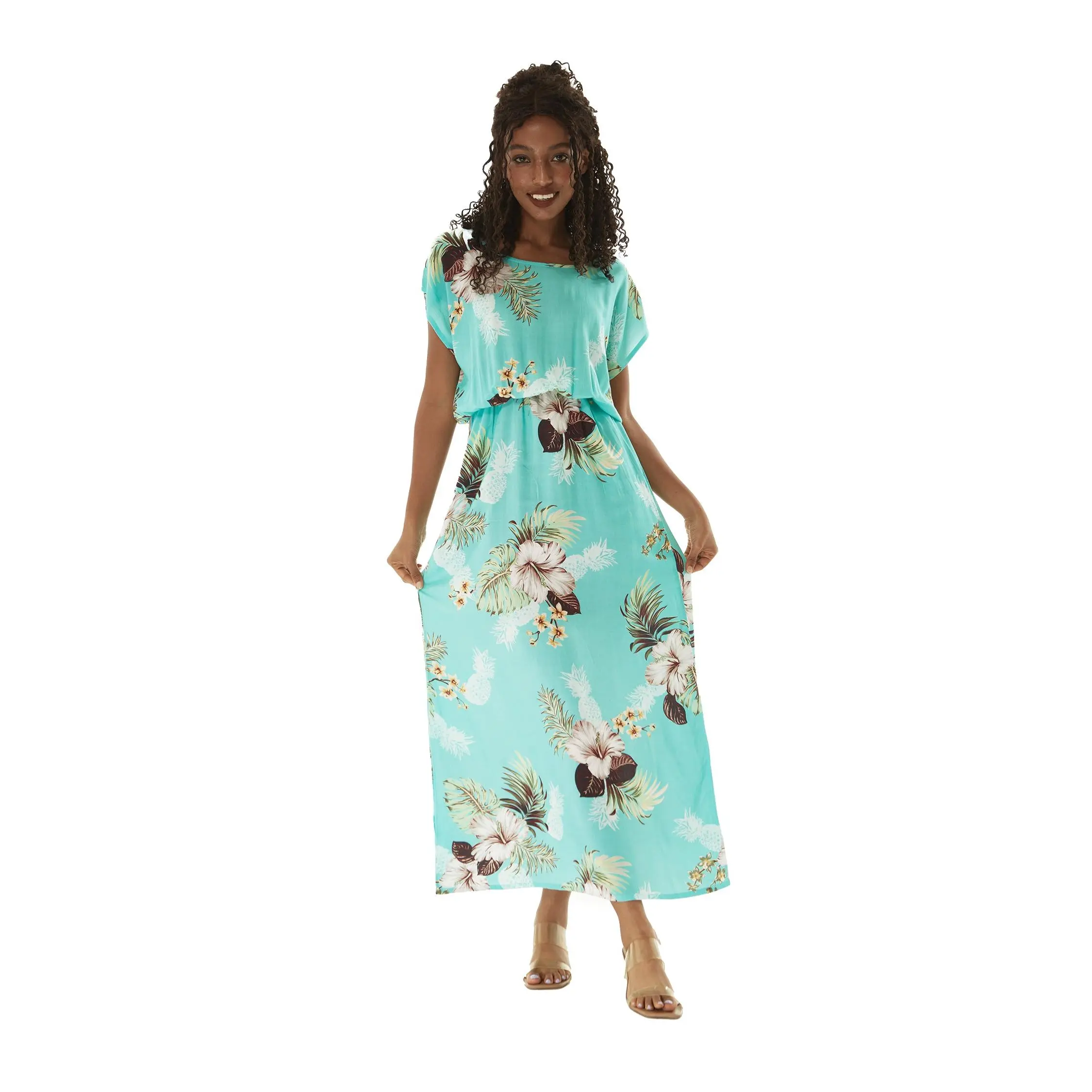 Women's Cap Sleeve Simple Dress Pineapple Garden Turquoise