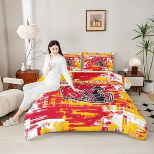 Football Bedding Set,Kansas Comforter Set,Gifts for Football Fans Women Men Football City Comforter,Rugby Sports Red Yellow Duvet Set