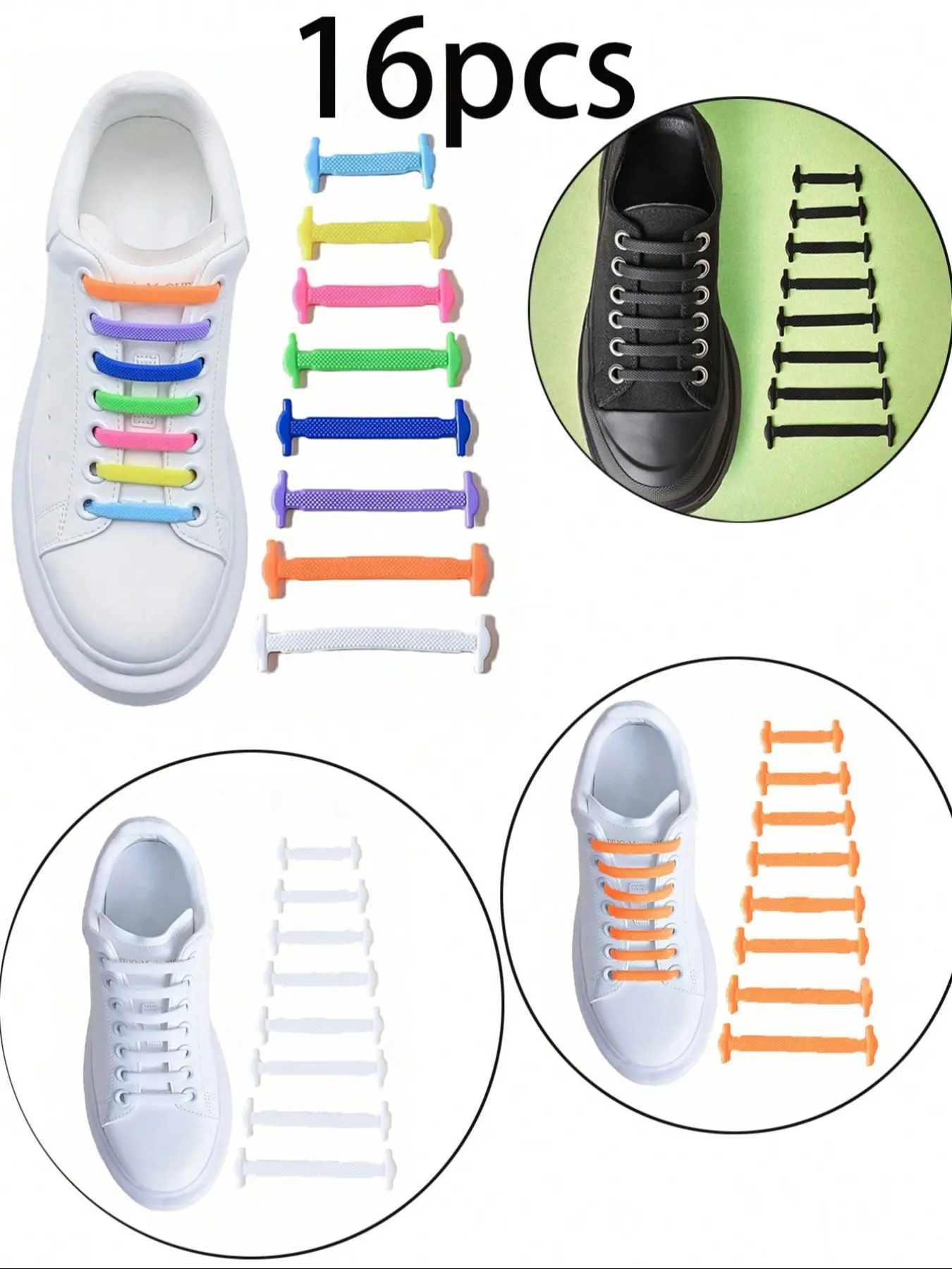 16-Piece Silicone Laces Shoelaces No-Tie Elastic Shoe Straps, Multicolor for Ice Skates Sports Shoes Casual Sneakers Stretchy Shoelaces Shoe Strings for Sneakers