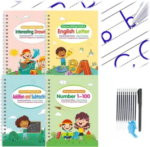 Magic Groove Exercise Book Set 4 Volumes Reusable Groove Calligraphy Book with 1 Pen 10 Refills & Random Color Grip for Learning