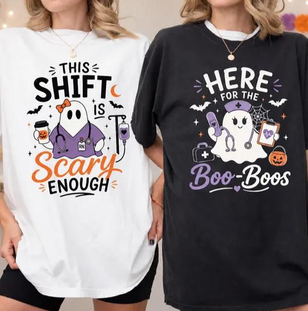 Women's Plus Size Nurse Graphic T-Shirt - Crewneck Short Sleeve, Comfortable Lightweight Casual Top for Night Shift, "This Shift Is Scary Enough" Ghost Halloween Tshirt, Nurse Graphic Women's T-Shirts