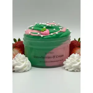 Strawberries & Cream Slime - Sweet Swirly Clay Slime with Pastel Pink & Minty Green - Beginner to Intermediate Level - Includes Strawberry Charm & White Floam Beads - Handmade & Custom Made