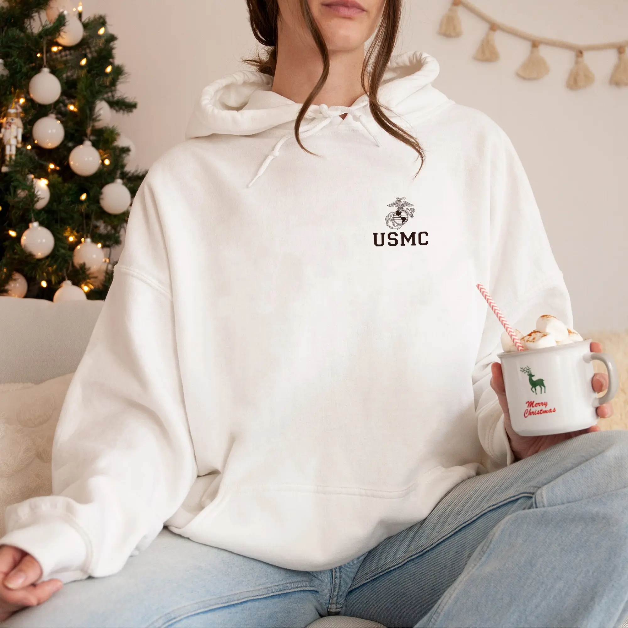 Women's USMC Graphic Hoodie - Vintage 90s Loose Fit Pullover Tee, Soft Cotton-Polyester T-Shirt, Round Neck Tops for Casual Streetwear