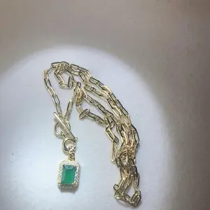 <PingEast jewelry > 925 sterling silver necklace with a 5×7 mm square-cut natural Colombian emerald pendant, accompanied by a certificate