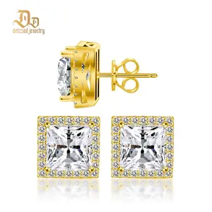 Delzzad 14K Gold-Plated Princess Halo Stud Earrings Lab-Created Moissanite Stud Earring S925 Sterling Silver Moissanite Jewelry Perfect Christmas Gift for Men Women