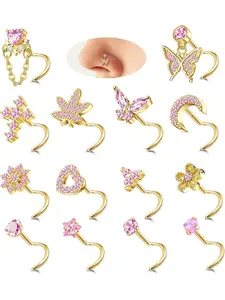 Gold Silver Nose Rings Nose Studs for Women Nose Piercings 20GLShaped Corkscrew Dangle Nose Rings Studs Simulated Diamond Pink CZ Opal, Rhinestone Nose Rings Nose Piercing Jewelry with Heart Star Butterfly Flower Cross Moon Charm Cute Dainty Nose Jewelry