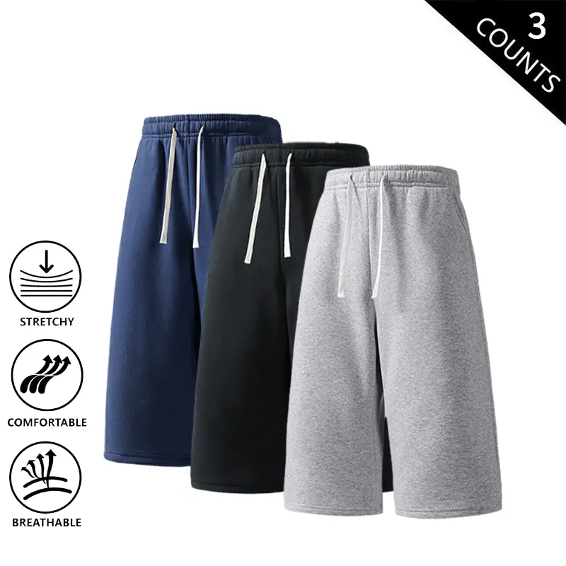 Men’s 3-pack 3/4 sweat shorts, elastic drawstring casual capri pants—stretchy, breathable, comfortable streetwear and lounge shorts for everyday wear