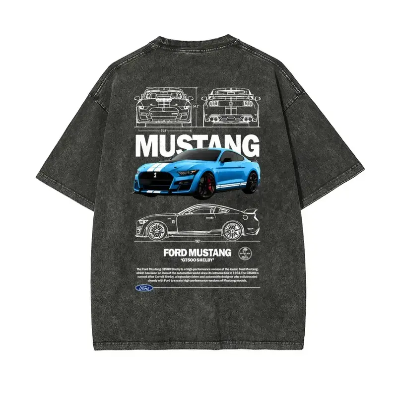 Vintage Washed Black Ford Mustang Shelby GT500 Graphic T-Shirt, Muscle Car Back Print Tee, Retro Distressed Automotive Streetwear Men Casual Short Sleeve Shirt