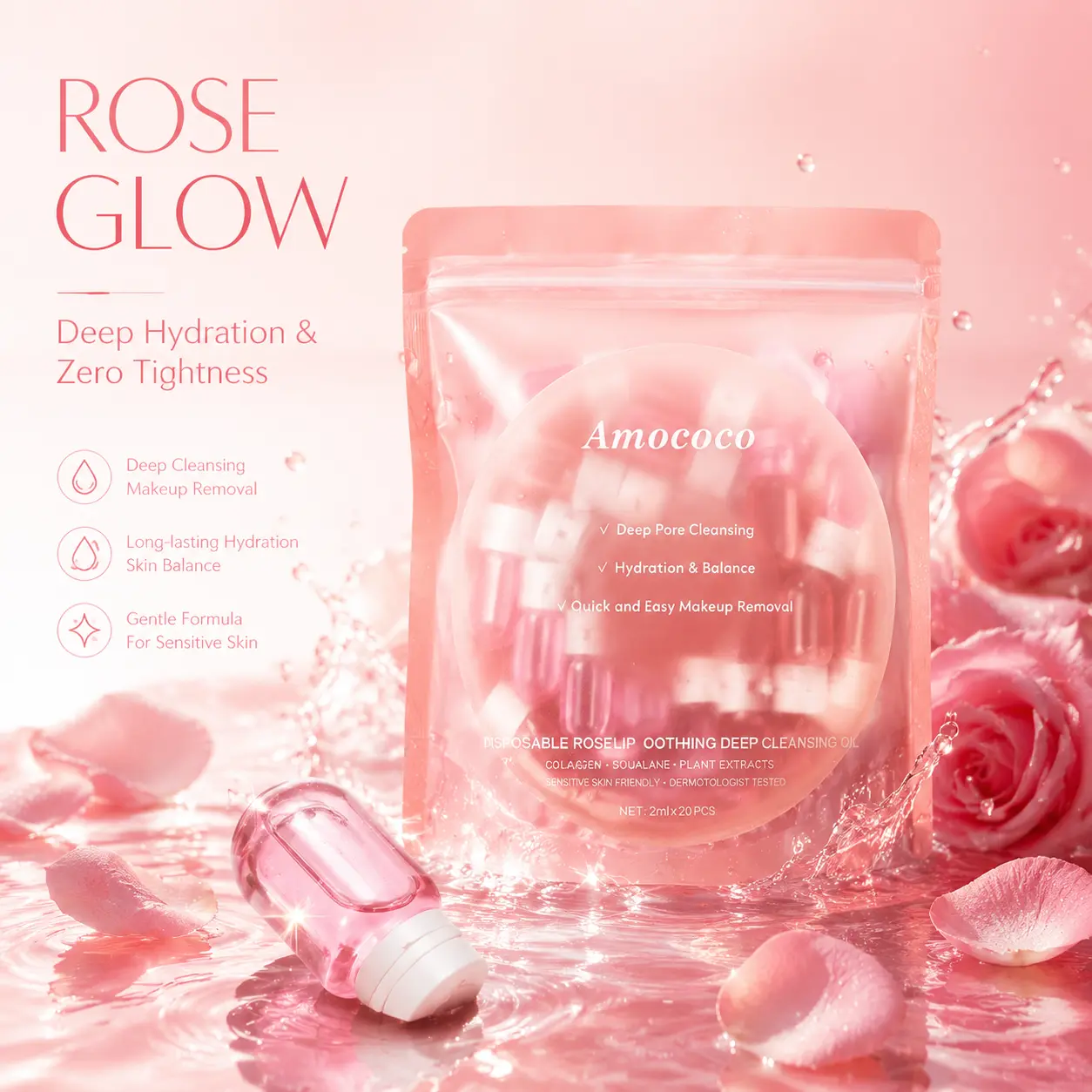 Single Dose Cleansing Oil Capsules 10P 20P Rose Glow and Camellia Fresh Makeup Remover, Deep Pore Cleanse for Waterproof Makeup and Travel