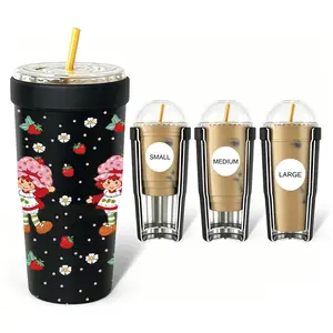 Summer Strawberry Girl Insulated Cup Holder | 32oz Universal Iced Coffee Traveler Tumbler Carrier, Vacuum Stainless Steel Keeps Cold 12H+, Cute Retro Strawberry Print Travel Ice Drink Companion for Office & Car Use