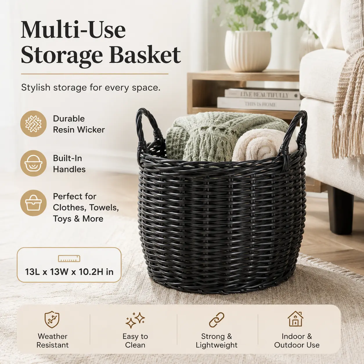 Super Wicker Storage Basket Round Resin Woven Basket with Handles Black 13 Inch Decorative Organizer Bin for Clothes Towels Toys Magazines Home Decor Bathroom Laundry Room Living Room Nursery Shelf Storage Basket