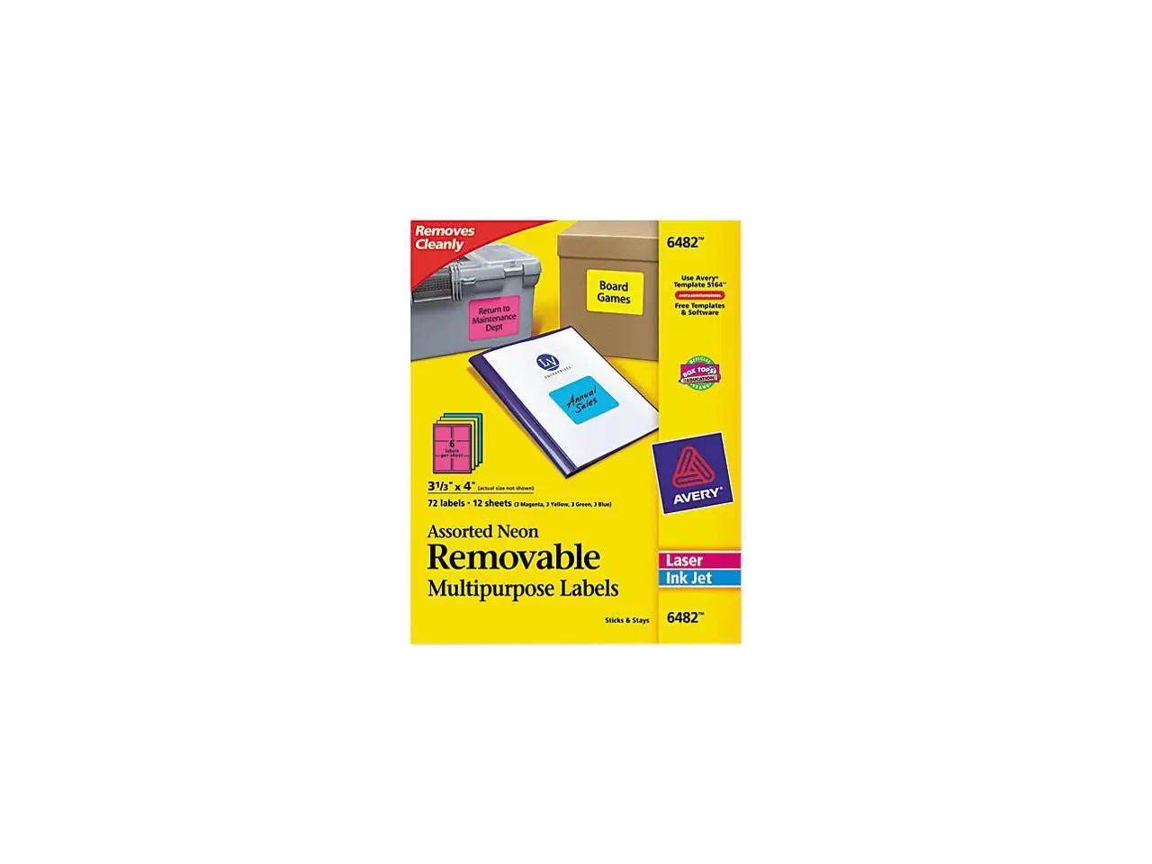 Avery High-Visibility Removable ID Labels Laser/Inkjet 3 1/3 x 4 Asst. Neon 72