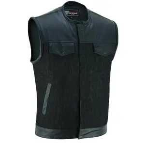 Mens Denim & Leather Motorcycle Vest with Dual Interior Pockets, SOA Biker Club Vest, Snap & Zipper Closure plain casual