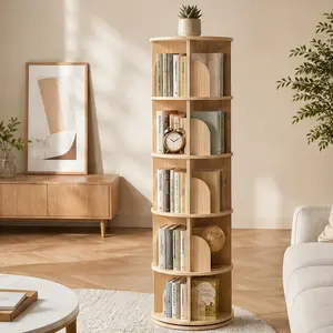 ARCH 5-Tier 360° Smooth Rotating Wooden Bookshelf, 15.36 w x 15.36 d x 62.91 h in 29.43 lb Tall Round Floor Standing Storage Display Unit, Collectibles & Magazine Rack, Space-Saving Organizer for Living Room, Natural Burly Wood Finish