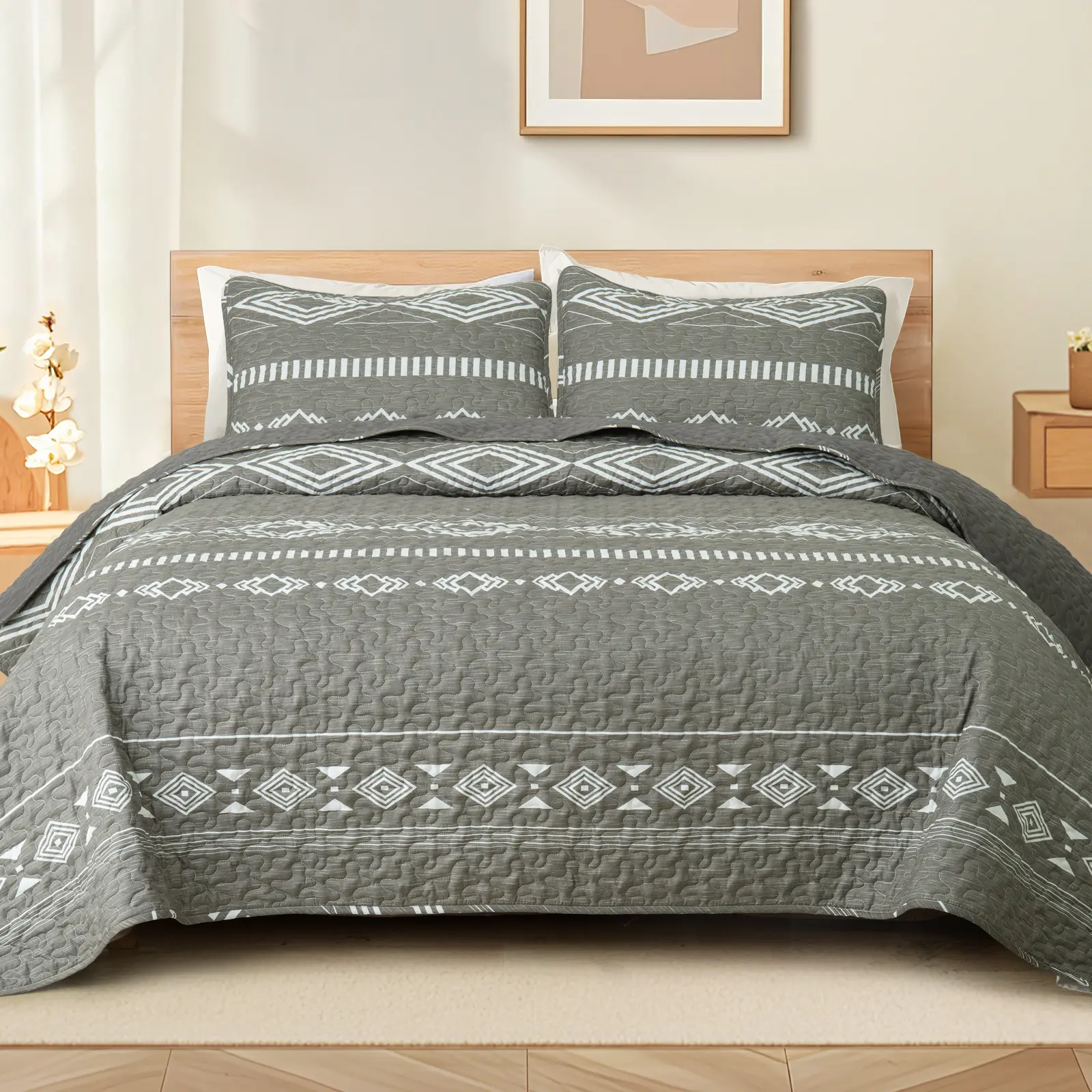 【backtoschoolday】Whale Flotilla Reversible Ultra Soft Printed Quilts King Size, Lightweight Patchwork Geometric Stripes Bedspreads Coverlets Quilt Bedding Set with 2 Pillow Shams for All Seasons