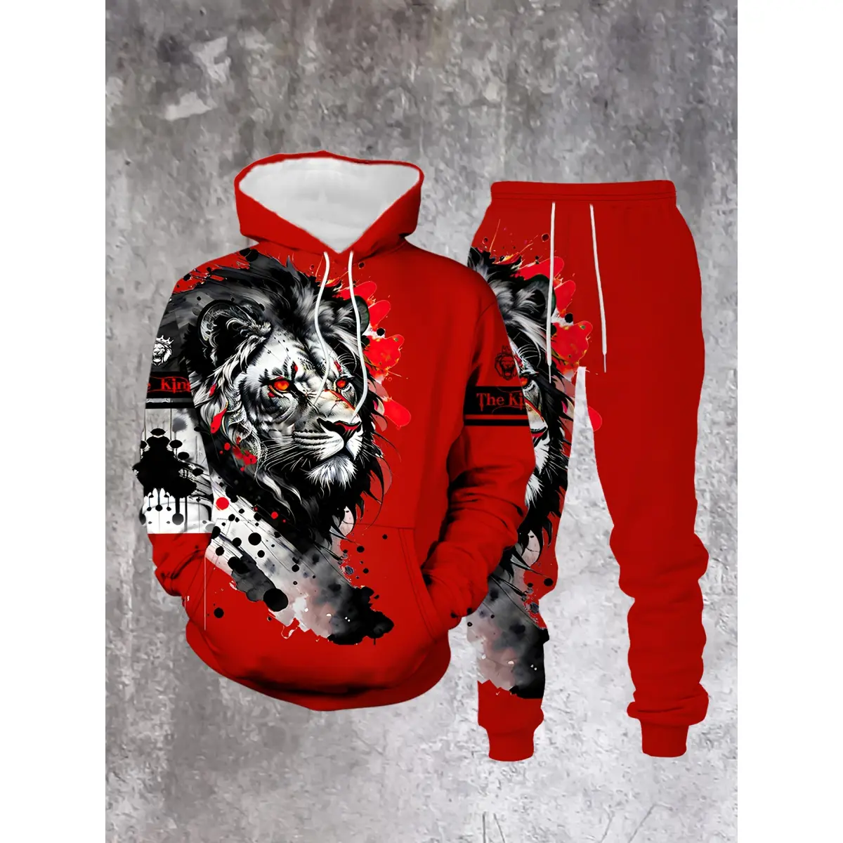 Men's casual 2-piece set, lion ink print hoodie and sweatpants, spring and autumn fashion outfit fathersdaygift