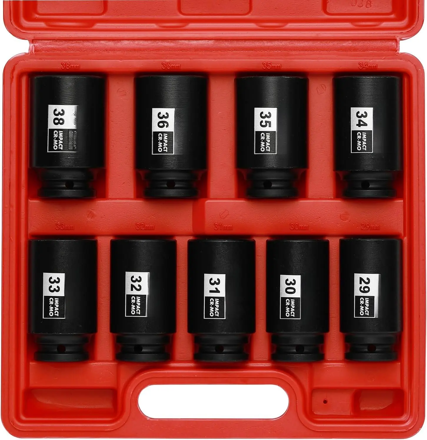 large socket set 1/2- Inch Drive Deep Spindle Axle Nut Impact Socket Set, 6 Point, CR-MO, Metric, 29mm-38mm, 9- 1/2" Dr. Deep Impact Socket Set