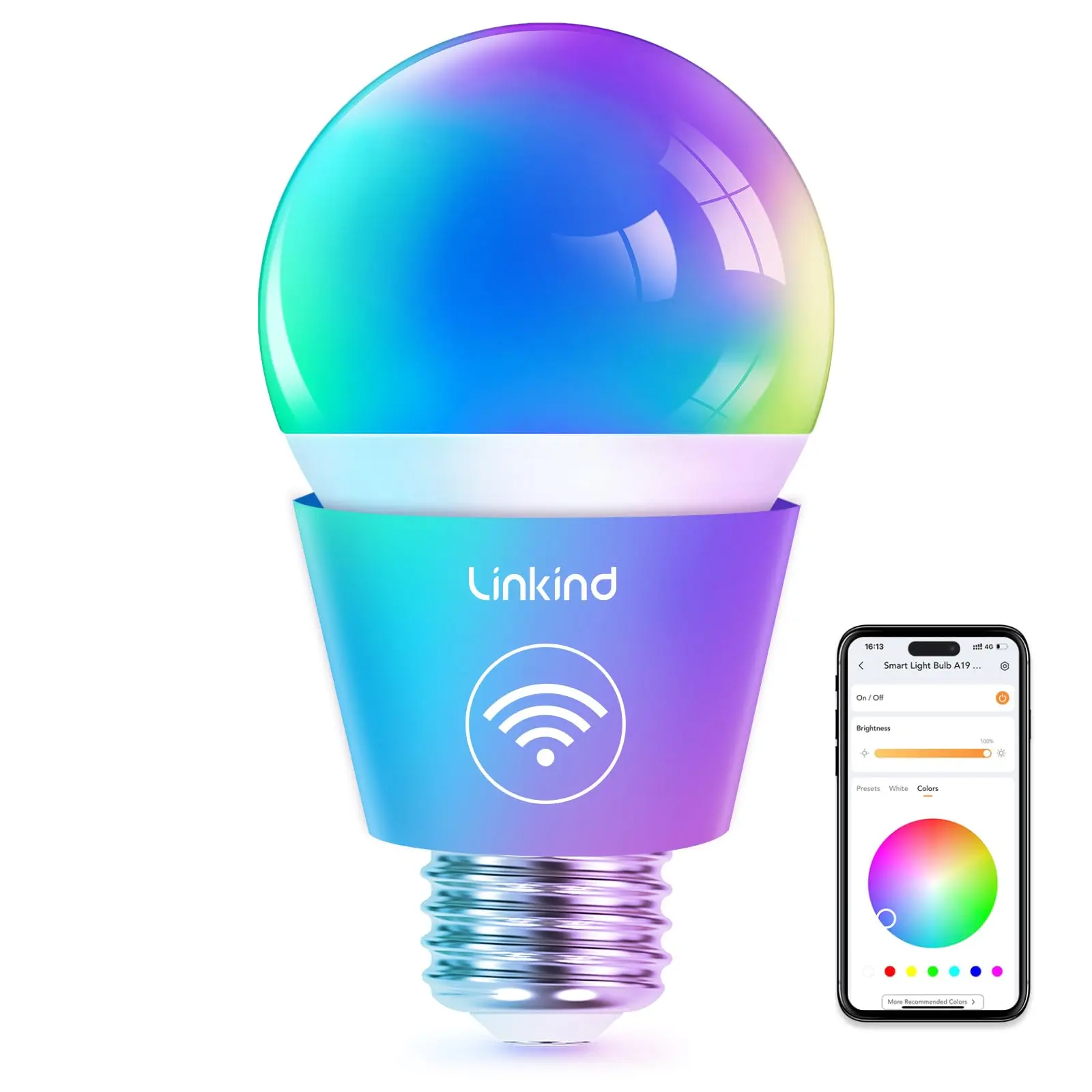 Linkind AiDot A19 Smart Light Bulb with Remote Control, 16 Million Color Changing Light Bulbs, 60W, 1800K-6500K, 800lm, 2.4GHz WiFi, Dimmable