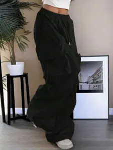 [Plus Size] Solid Color Woven Drawstring Waist Wide Leg Fitted Pants, Casual Comfy Trousers for Daily Wear, Women's Bottoms for All Seasons