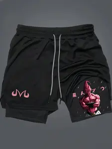 Dragon Ball Majin Buu Print 2-In-1 Drawstring Waist Shorts, Quick-Dry Swim Trunks, Loose Fit with Pockets, Ideal for Summer & Workout