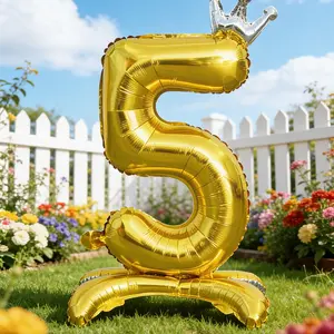 32 Inch Crown Design Balloon with Base, Large Digital Number Balloon for Birthday Theme Party Decor, Photo Prop, Anniversary, Home Outdoor Decoration, Party Balloons Decorations