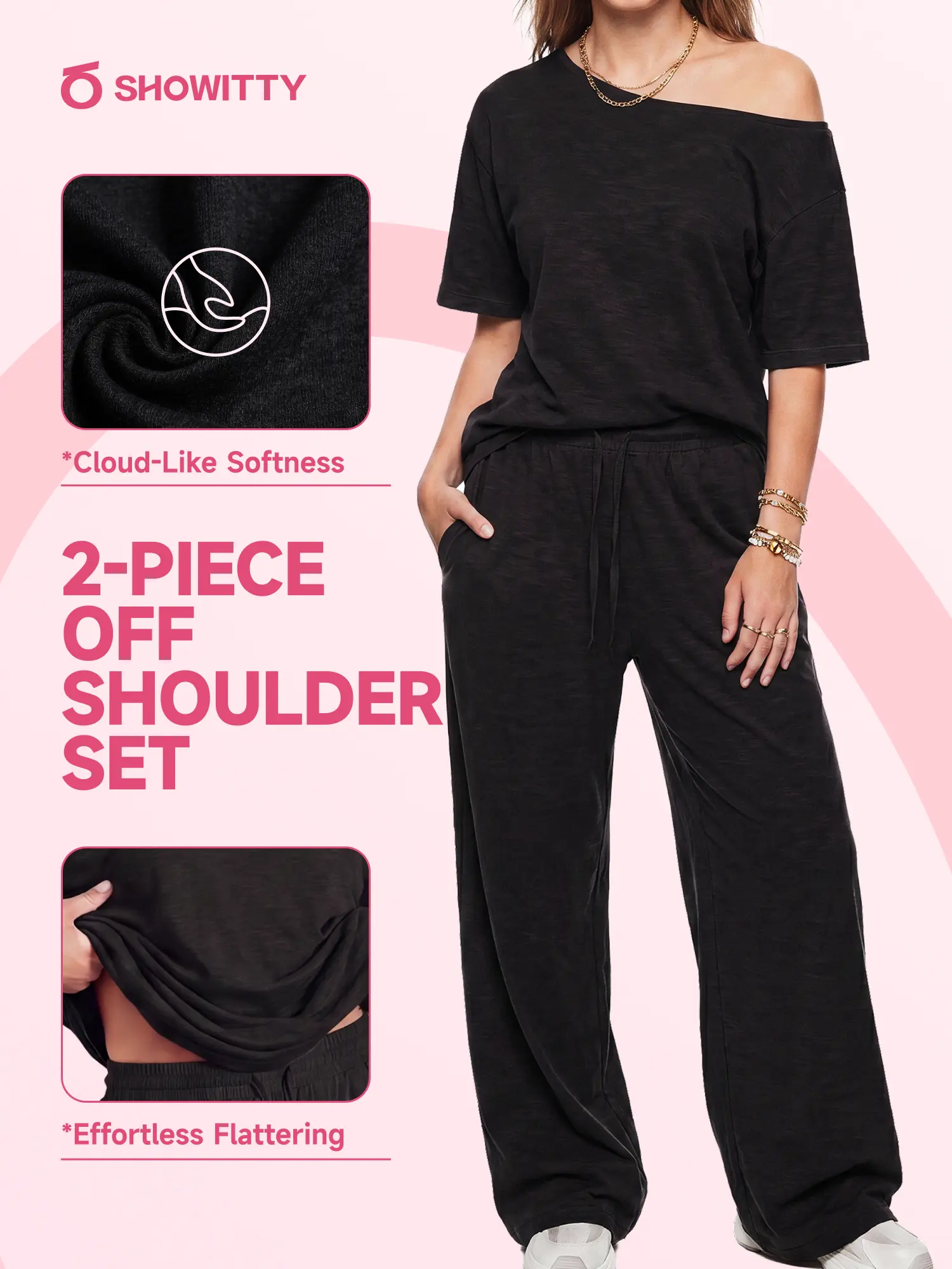 SHOWITTY Womens 2 Piece Lounge Set One Shoulder Top & Drawstring Wide Leg Pants with Pockets Casual Outfit