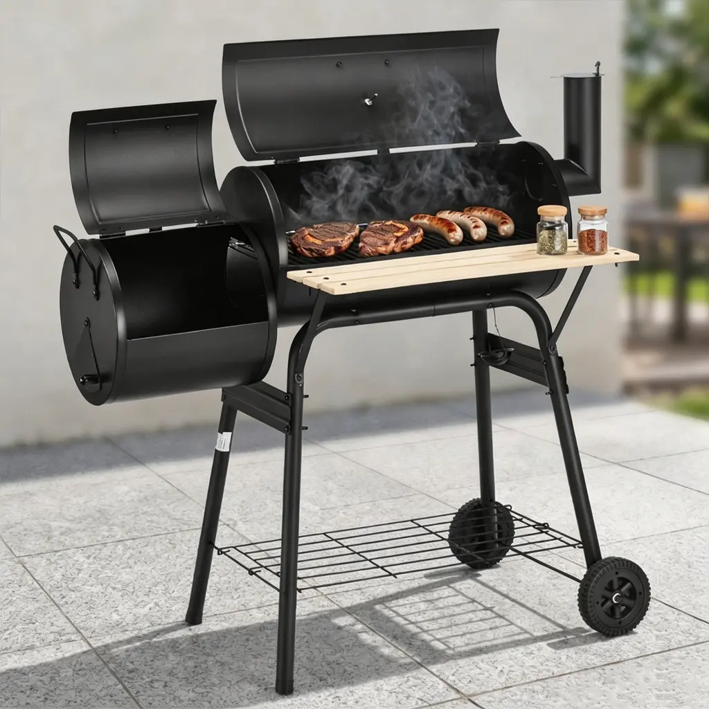 Heavy-Duty Steel Offset Smoker Grill, Open Flame Barbecue with Wheels, Thermometer, and Wood Shelf for Outdoor Patio and Camping, Barbecue Grill, Portable Kitchen, Wheels Added, Bottom Shelf, Handles, Solid Steel, Offset Grill