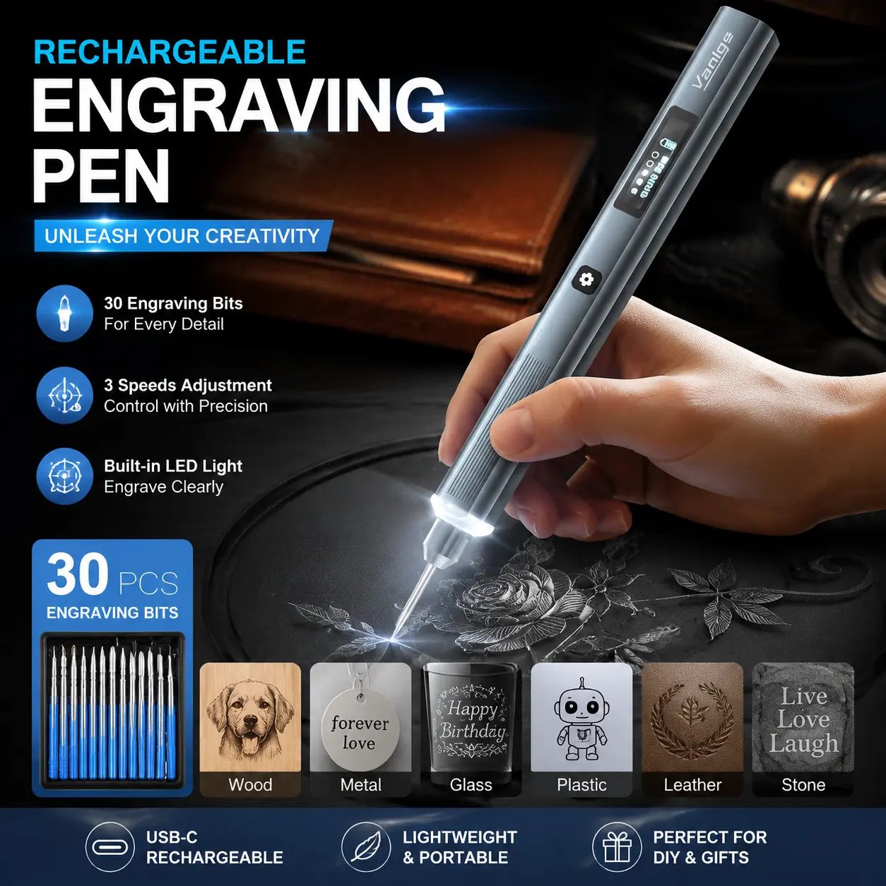 Engraving Pen with Diamond Bits Vanlgs Engraving Pen for Metal, Wood, Glass, Plastic, Cordless DIY Etching Tool with LED Light, 5 Variable Speed, Rechargeable 31Bits Craft Kit Gifts for Teens Adults Beginners (Grey Pro)