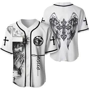White Jesus Baseball Jersey Christian Cross Angel Wings Pattern, Jesus Jersey