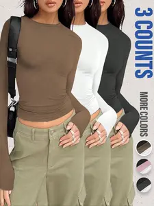 Women's Solid   Long Sleeve Tee, Casual Basic Crew Neck Slim Fit Everyday T-shirt for Daily Wear, Ladies Clothes for All Seasons