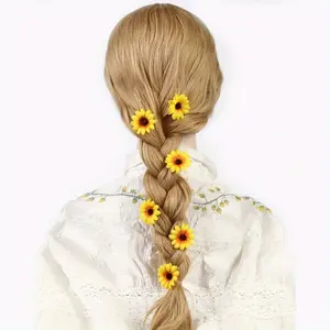 6pcs Honey Girl Knit Fabric Hair Clips, Daisy & Sunflower Design, Mixed Color Polyester, Floral Hair Accessories Set for Teens
