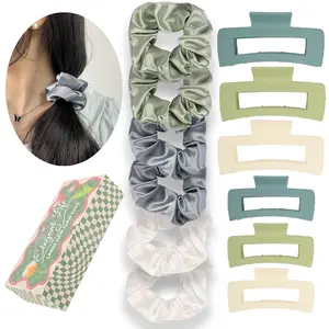 12Pcs Women Hair Accessories Gift Box - Square Half-Cover Claw Clips & Satin Scrunchies Set, Large Trendy Hair Clips Scrunchies Hair Styling Tools for Daily/Party/Birthday Gifts