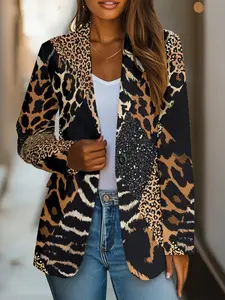Women's Leopard Patchwork Print Geometric Blazer Jacket, Elegant Fitted Design with Pockets, Long Sleeve Woven Fabric for Fall & Winter