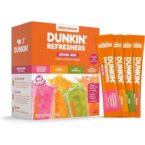 Dunkin’ Refreshers Singles To Go! Zero Sugar Powdered Drink Mix, 40 Ct Variety Pack, Energy from Green Tea, Aspartame-Free, No Synthetic Colors, 40 Single-Serve Packets, Just Add Water