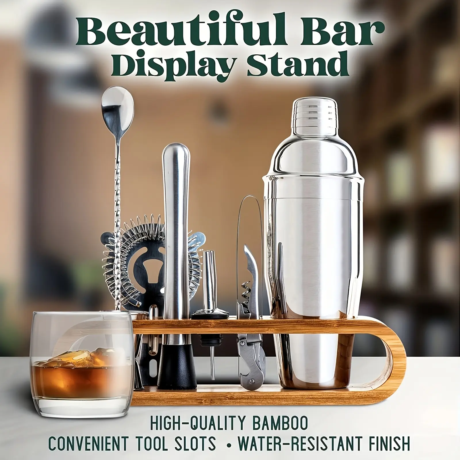 Easter 10-Piece Premium Bartender Set (includes bamboo stand) — stainless steel rooster tail shaker and mixing tool set, perfect for home bars; ideal as a housewarming gift, Father’s Day gift, men’s gift, Easter gift, and Teacher’s Day thank-you gift.