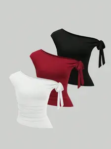 Women's Summer Korean Style Graphic Tee Set, Asymmetrical Twist Knot Design, Single Shoulder Strap, Casual Fashion, Slim