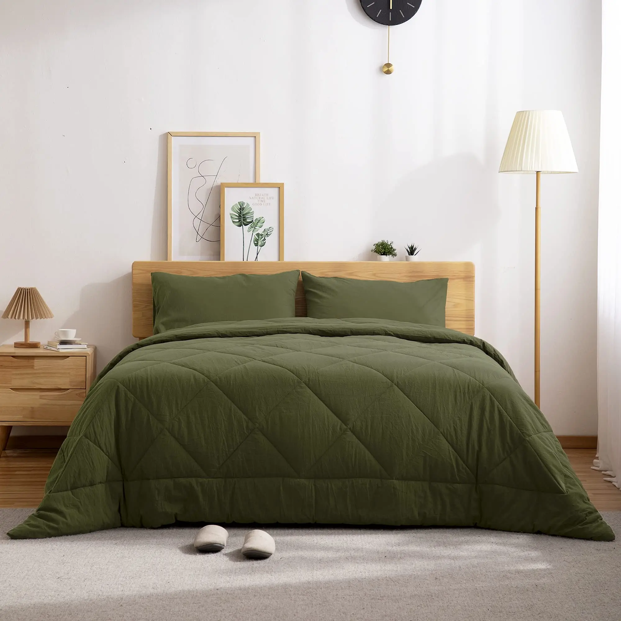 ATsense Cotton Comforter Set, 100% Washed Cotton Linen Feel Soft, Minimalistic Comforter Lightweight and Durable, 3pcs Comforter Bedding Set for All Season