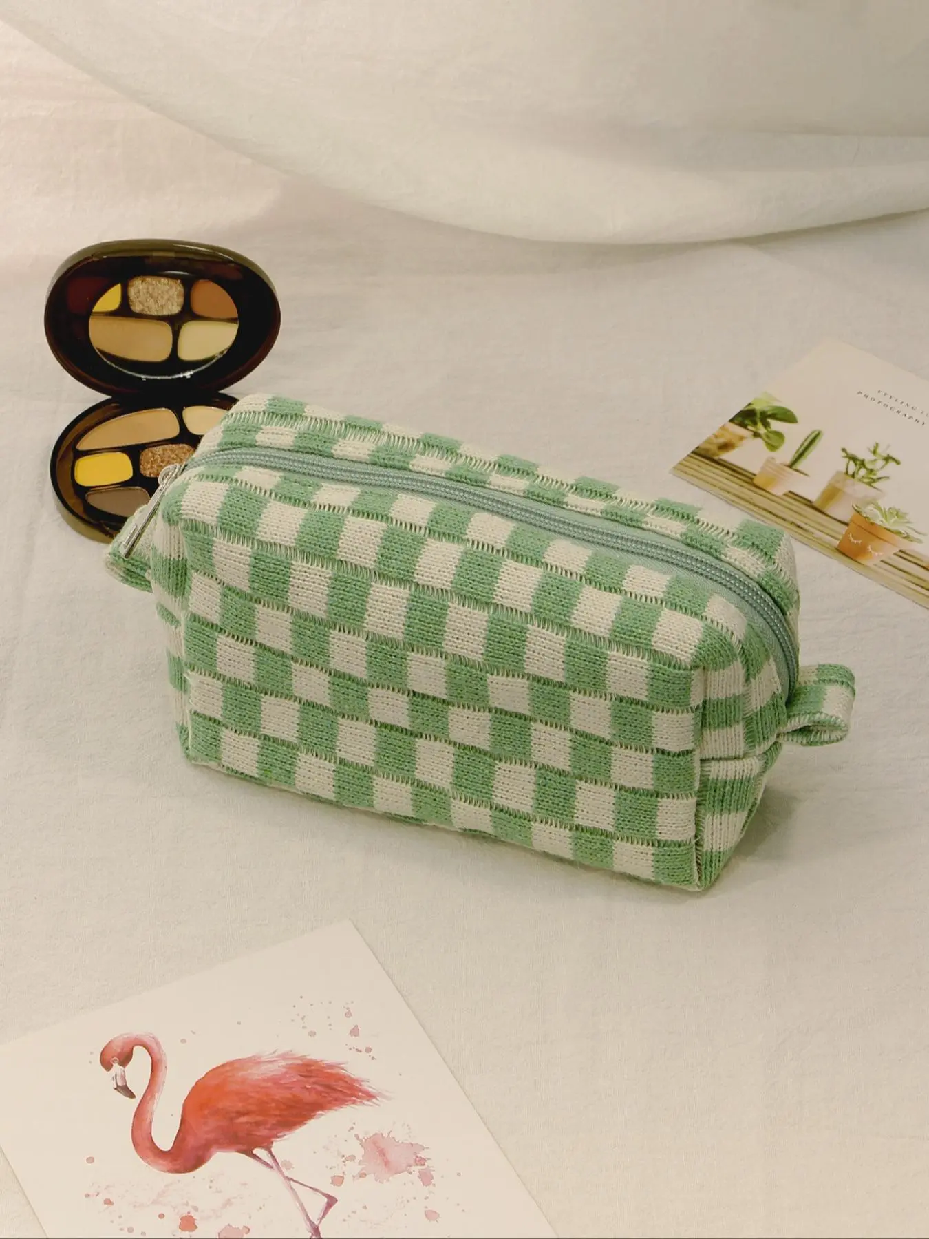 Cute Checkerboard Pattern Cosmetic Bag, Travel Cosmetic Bags, 1 Piece Large Capacity Knitting Storage Bag, Fashion Portable Make-up Bag for Women and Girls, Makeup Organizer Pouch, Cosmetics Bag, Travel Beauty Bag