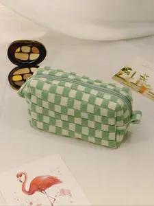 Cute Checkerboard Pattern Cosmetic Bag, Travel Cosmetic Bags, 1 Piece Large Capacity Knitting Storage Bag, Fashion Portable Make-up Bag for Women and Girls, Makeup Organizer Pouch, Cosmetics Bag, Travel Beauty Bag