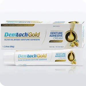 Denttach Gold – Extra Virgin Olive Oil - Extra Strength Denture Adhesive for Full & Partial Dentures – Zinc-Free, Long-Lasting Grip, 2.4oz Saliva Activated