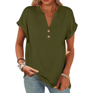 Womens Short Sleeve Henley Tops V Neck Dressy Casual Blouses Summer Trendy Tee Shirts 2026 Vacation Fashion ClothesGift