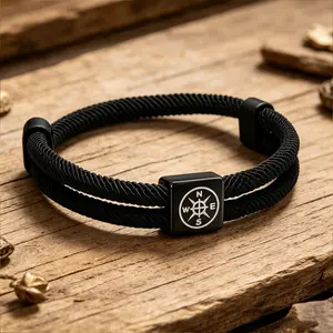 Custom Engraved Black Titanium Stainless Steel Adjustable Rope Bracelet, Personalized Men’s  Couple Jewelry Gift for Father's Day