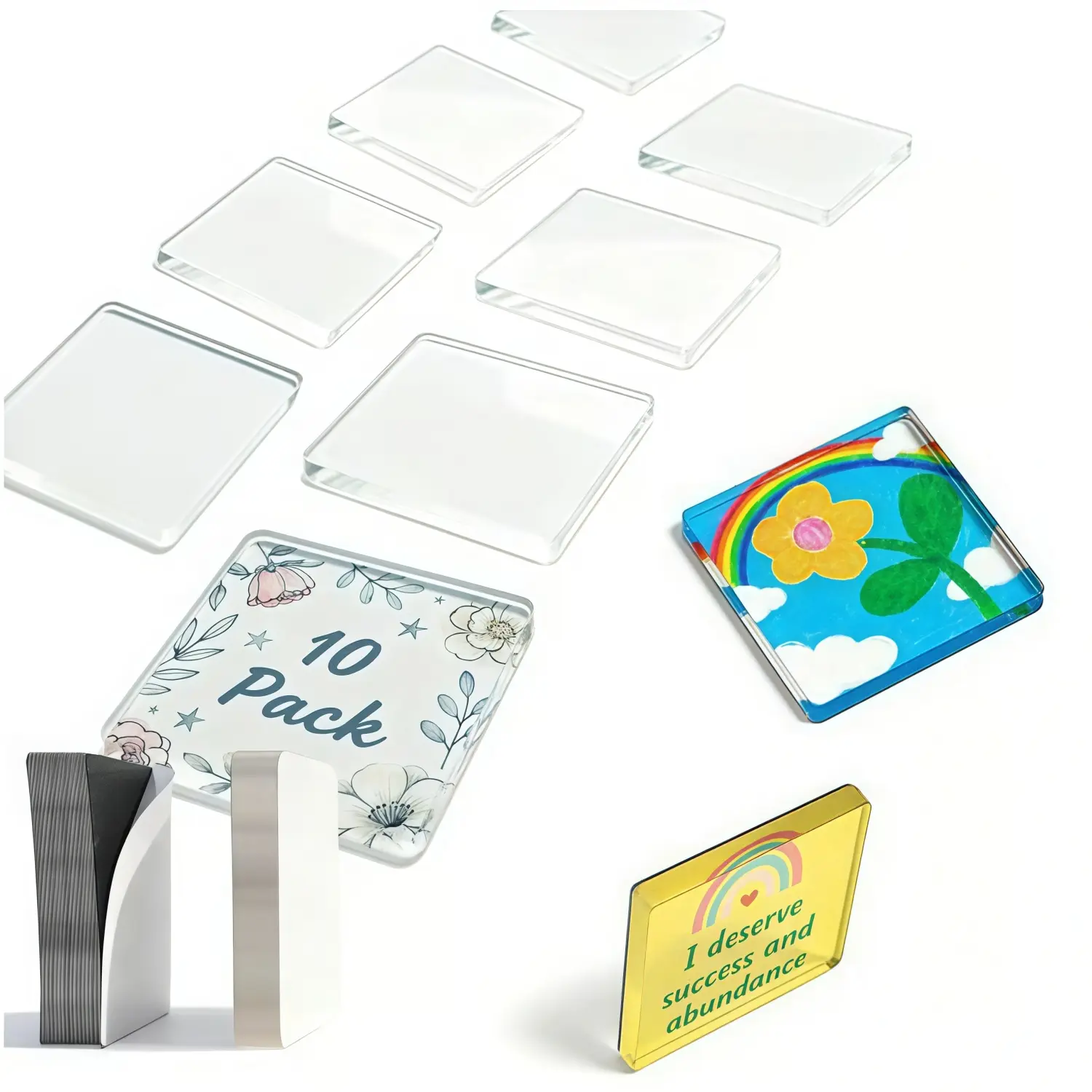 10-Pack 2 x 2 Inch Magnetic Photo Frames, Clear Acrylic DIY Fridge Magnets with Adhesive Backing, Square Picture Holders for Crafts, Kitchen, Classroom, Office, Locker & Dorm Decor