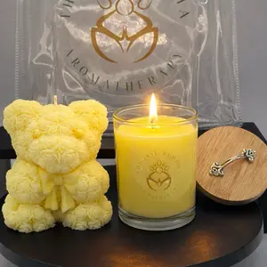 Aromatherapy Yellow Unscented Bear Candle Gift Set Eco-Friendly with a scented candle filled with Coconut Soy Wax Wooden Lid & Golden Key Twist Pineapple Banana Fragrance for Calm Relaxation - Decor, Tropical