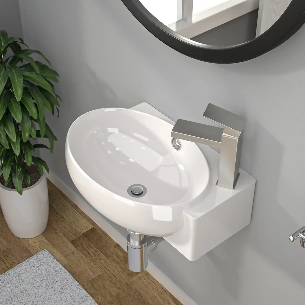 Kichae Modern 16" x 11" Wall-Mount Oval Ceramic Bathroom Sink, with Overflow, Single-Hole Universal Faucet & Drain Compatibility, White Bathroom Sinks