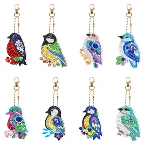 8PCS Bird Motif 5D Double-Sided Full Drill Diamond Painting Keychains Kit, Kits Bead Diamond Painting, Key Rings for Crafts, Keychain Decor, DIY Needlework Gift for Craft Lovers (Backpack & Purse Charms)