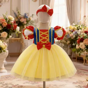 010 Kids Girl Color Block Mesh Splice Puff Sleeve Cloak Princess Dress Mesh Princess Dress For Girls Suitable For Role Play And Parties