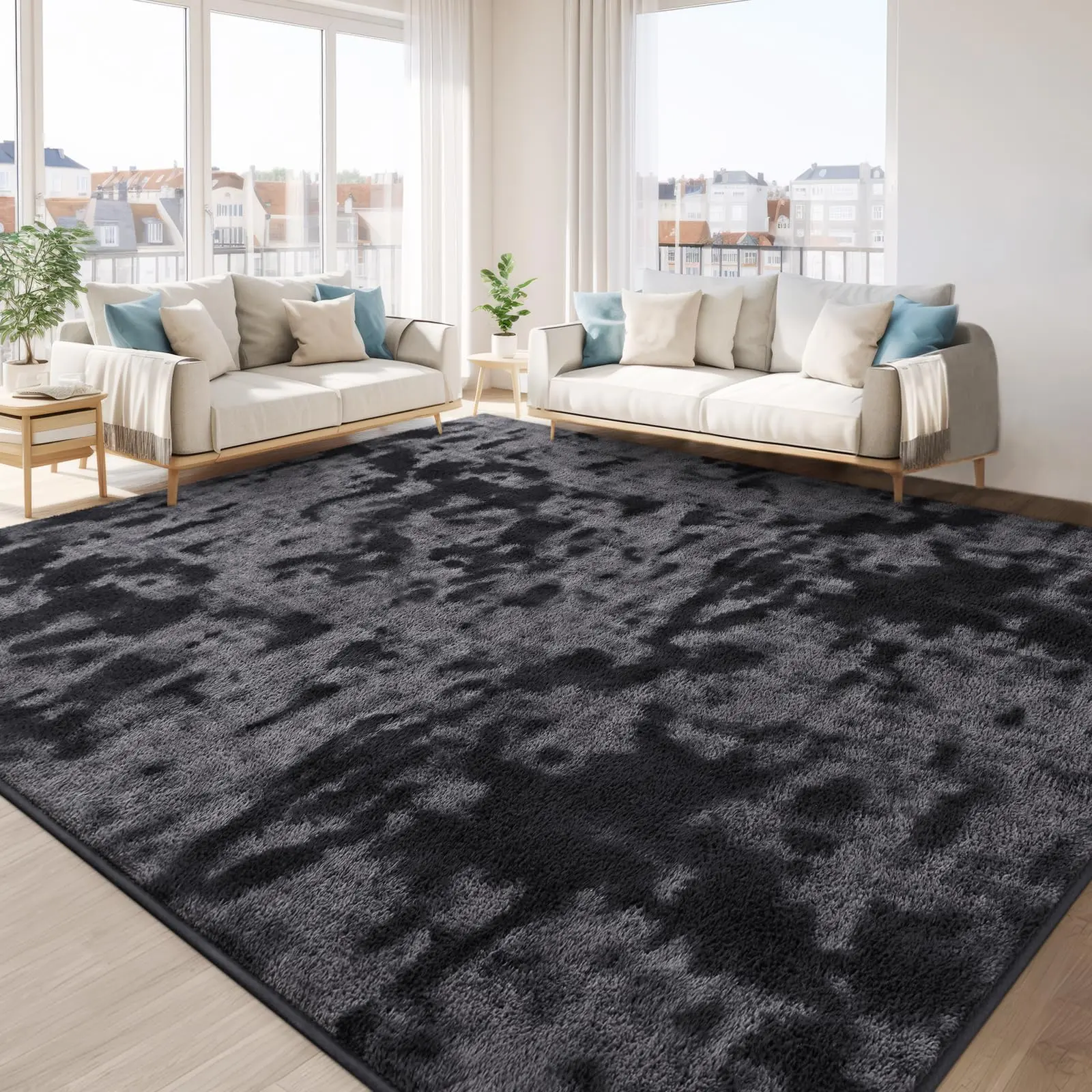 Ultra Soft Shaggy Fuzzy Fluffy Area Rug - Tie-Dyed Thick Memory Foam, Non-Slip Machine Washable Home Decorative Rug for Living Room, Nursery, 5x8, 6x9, 7x10 Ft (Grey, Navy Blue, Dark Grey, Brown, Purple), Machine Washable Rug