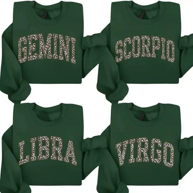 Full 12 Minimalist Zodiac Graphic Sweatshirt – Forest Green Color, Leopard Print Astrology Sign Pullover, Vintage Horoscope Crewneck for Women & Men